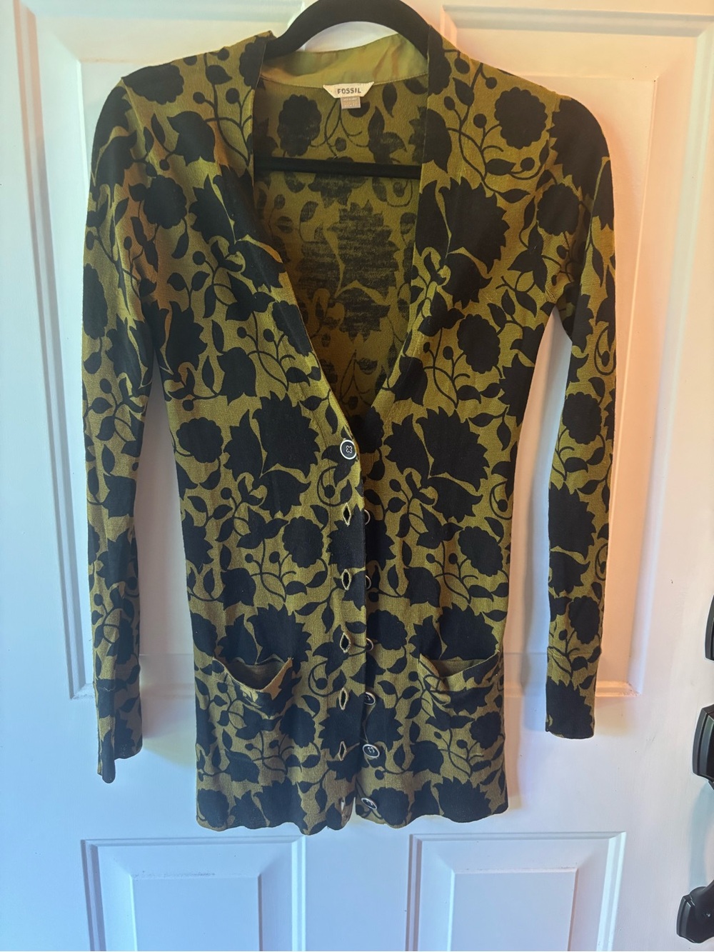 Fossil Olive Green and Black Floral Long Sleeve Top